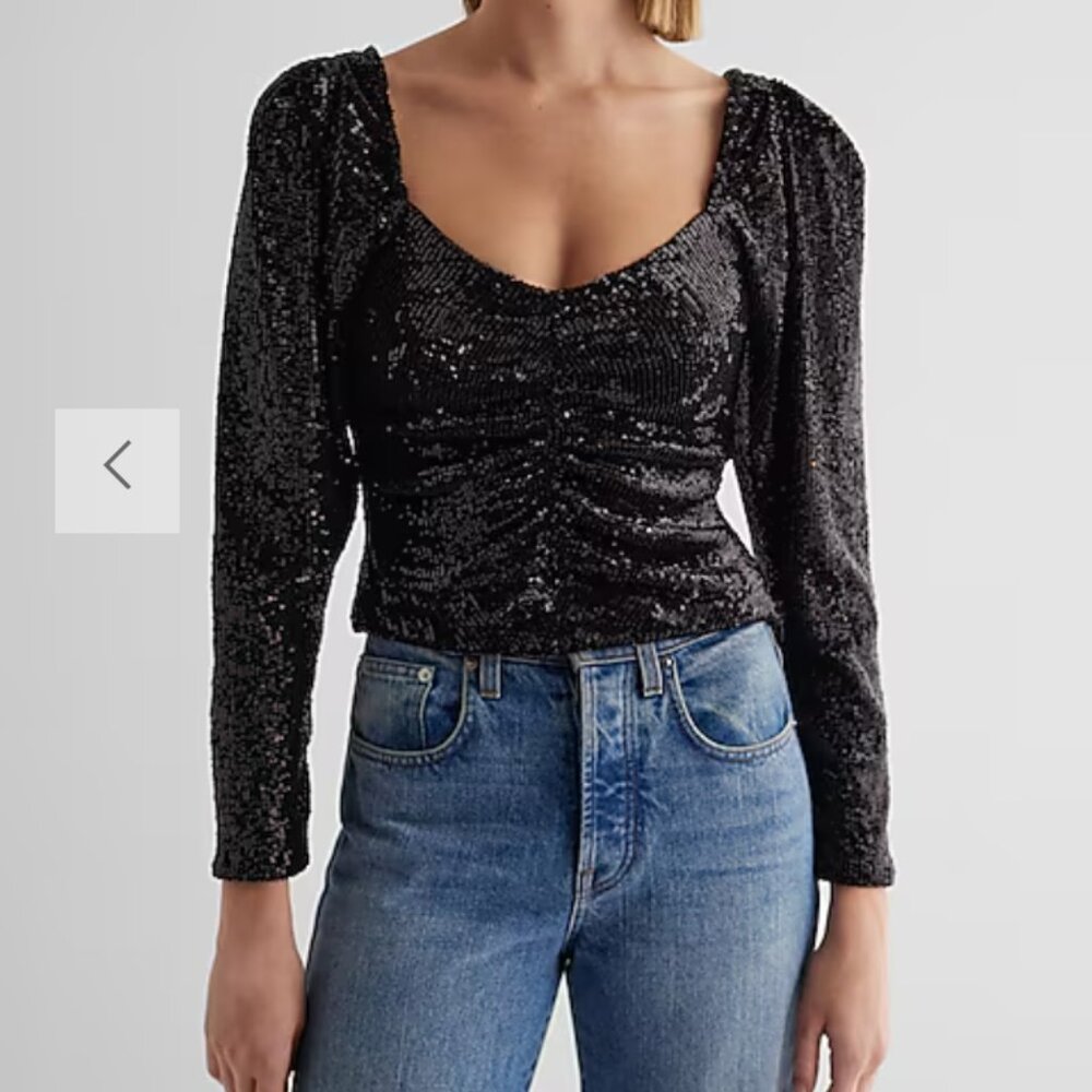 Express Sequin Sweetheart Neckline Puff Sleeve Ruched Front Top- NWT! NEVER WORN